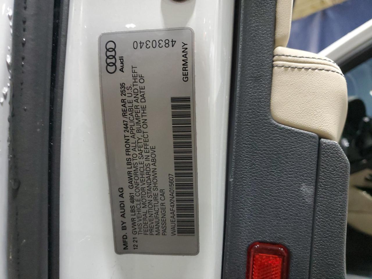 2022 AUDI A4 PREMIUM PLUS 45 VIN:WAUEAAF4XNA015607
