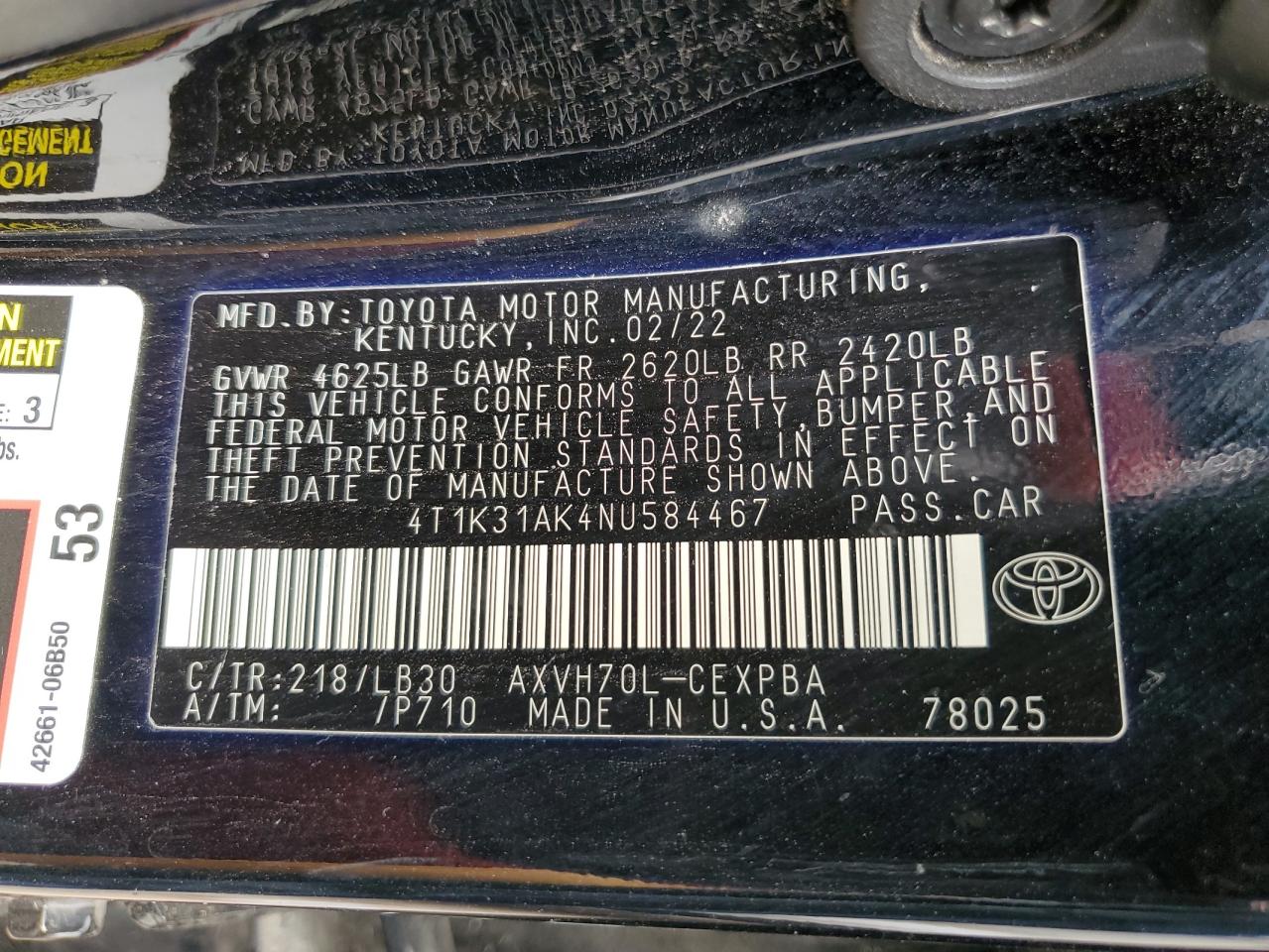 2022 TOYOTA CAMRY XSE VIN:4T1K31AK4NU584467