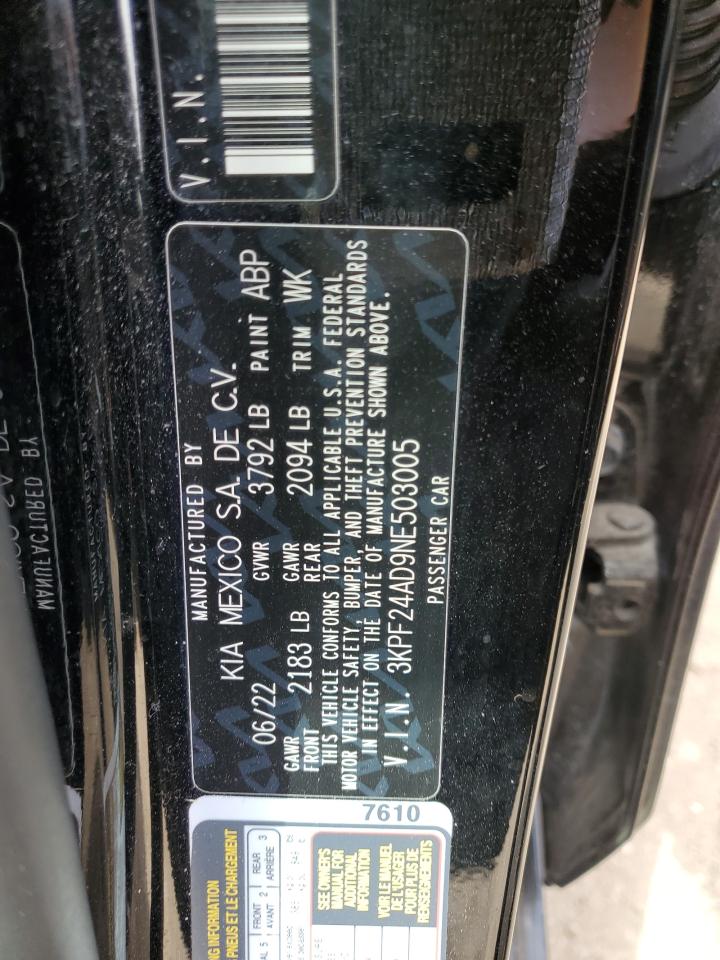 2022 KIA FORTE FE VIN:3KPF24AD9NE503005