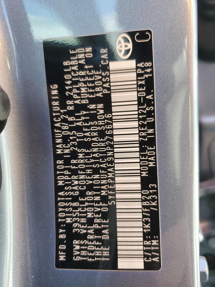 2022 TOYOTA COROLLA LE VIN:5YFEPMAE9NP276676