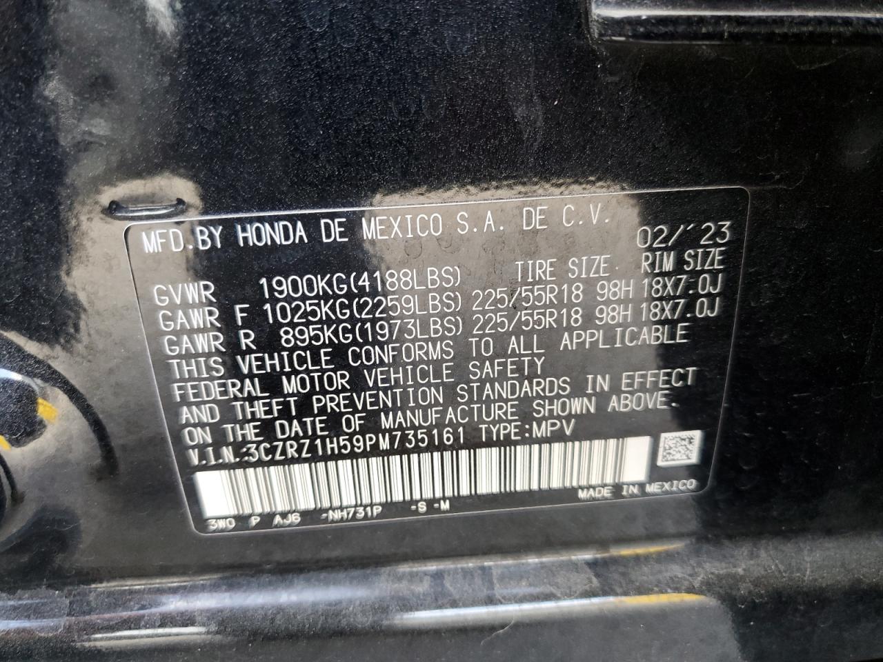 2023 HONDA HR-V SPORT VIN:3CZRZ1H59PM735161