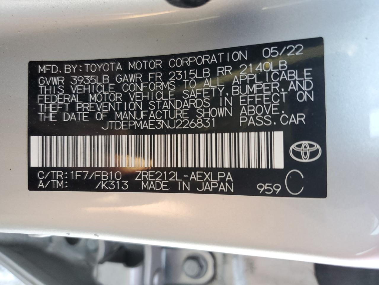 2022 TOYOTA COROLLA LE VIN:JTDEPMAE3NJ226831