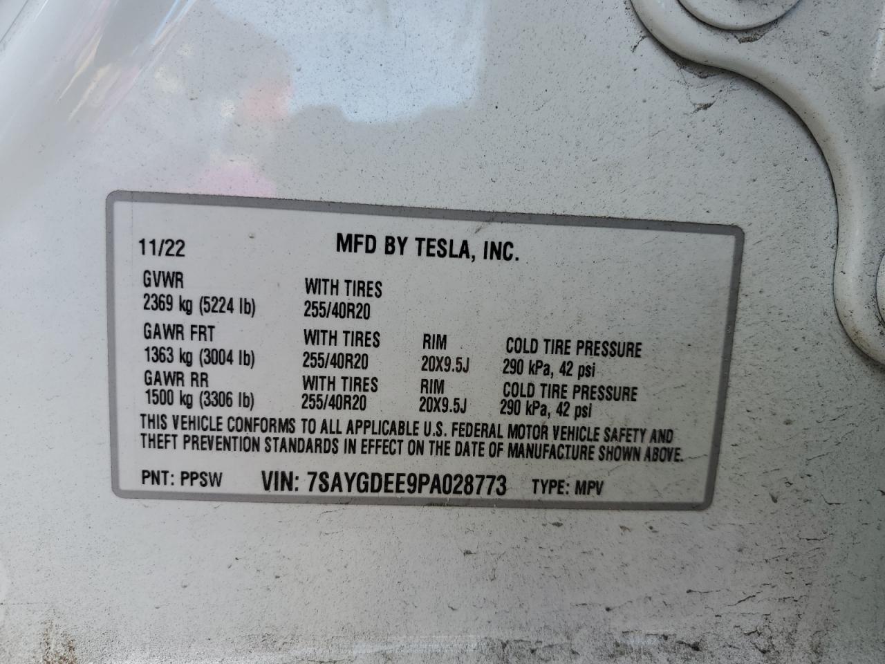 2023 TESLA MODEL Y VIN:7SAYGDEE9PA028773