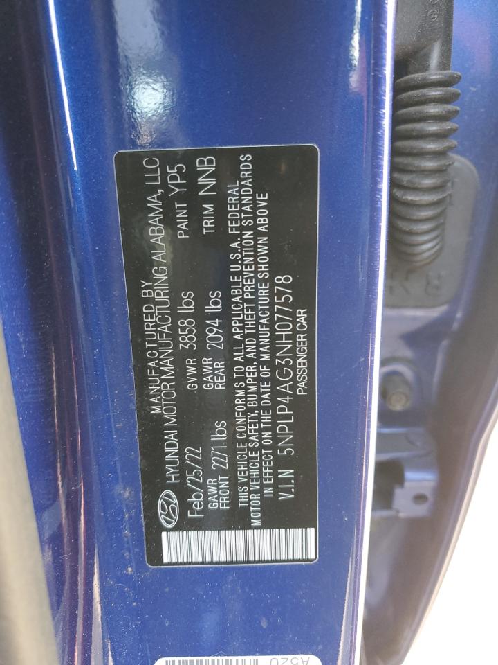 2022 HYUNDAI ELANTRA LIMITED VIN:5NPLP4AG3NH077578