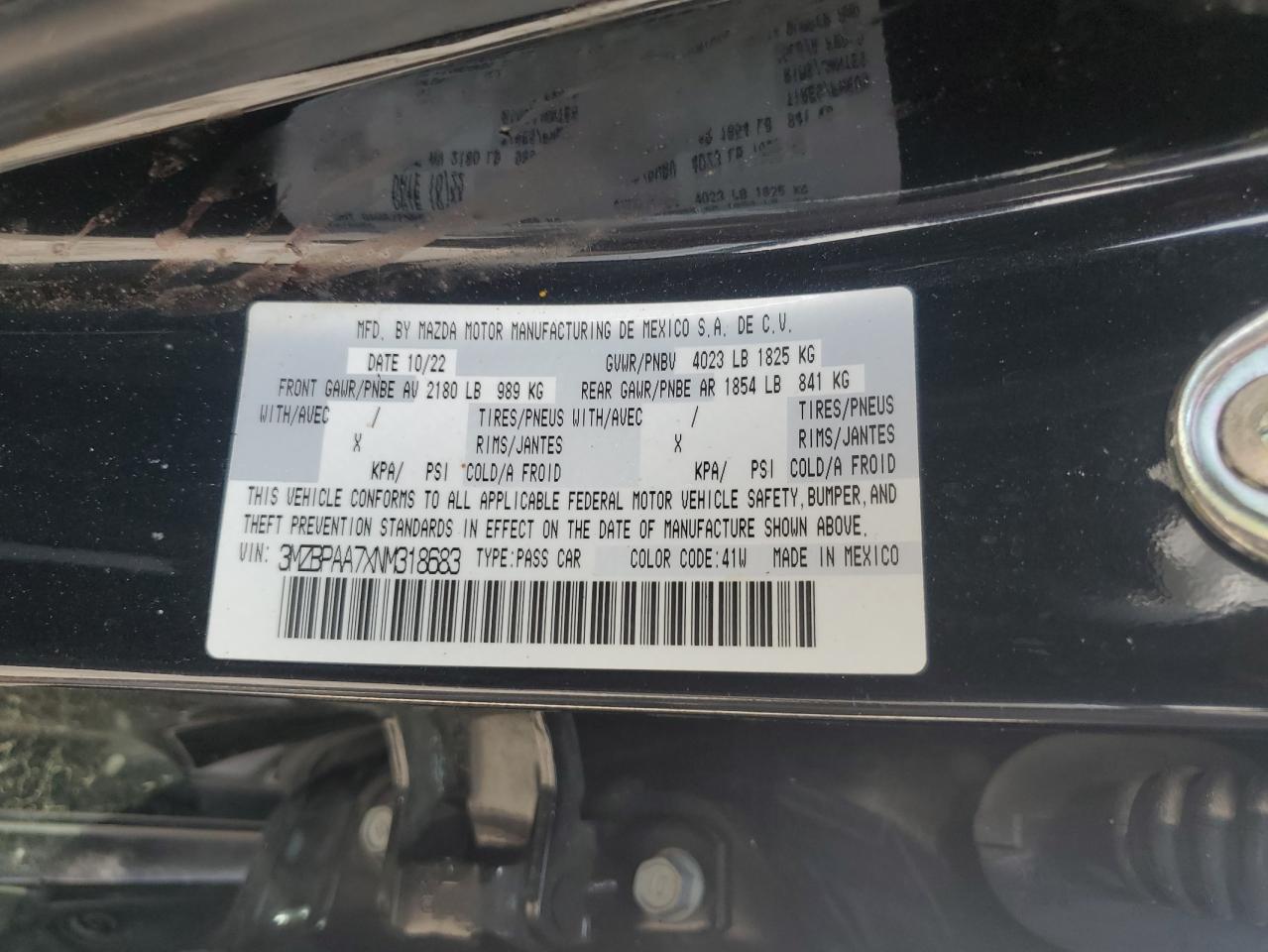 2022 MAZDA 3 VIN:3MZBPAA7XNM318683