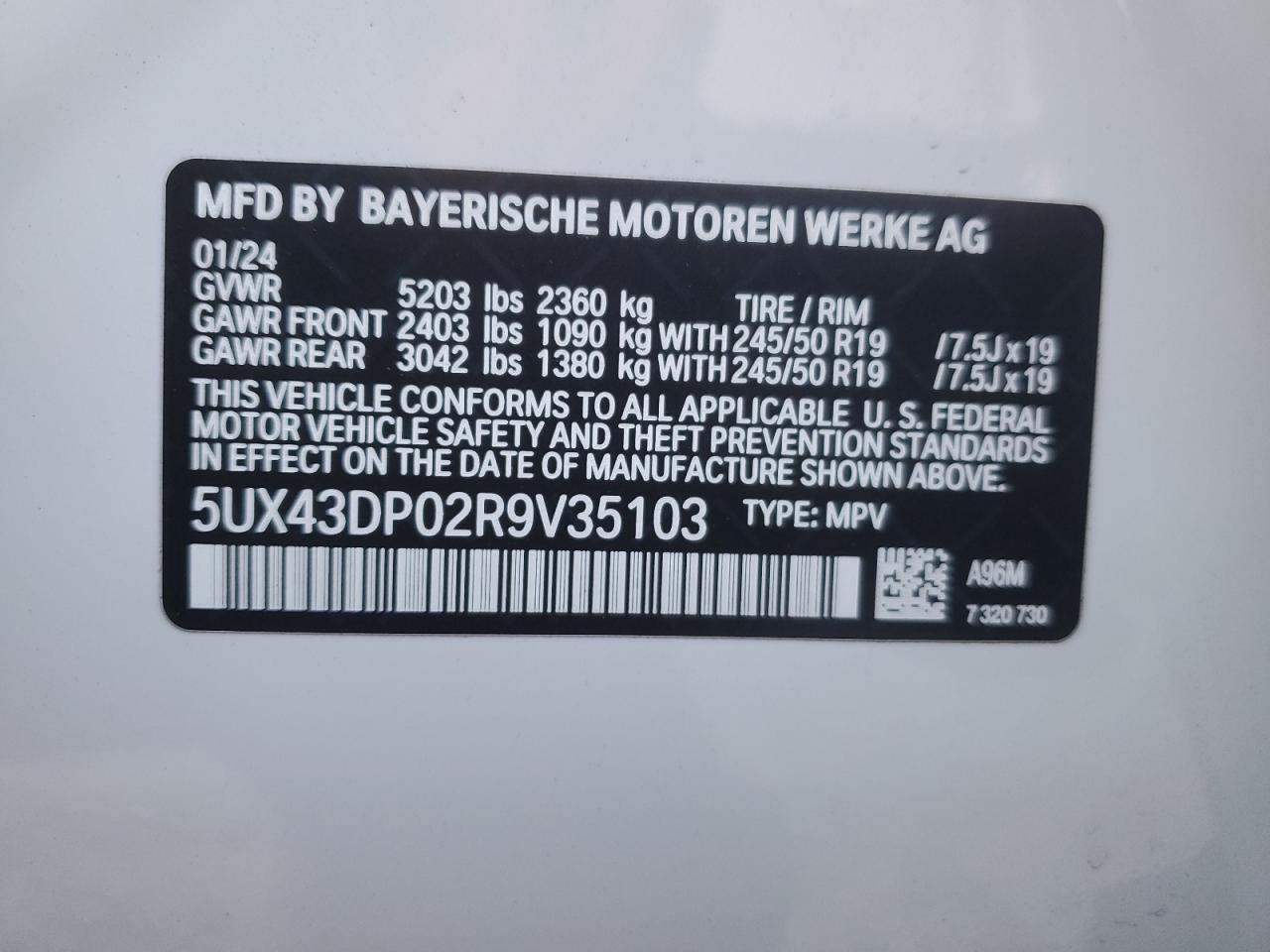 2024 BMW X3 SDRIVE30I VIN:5UX43DP02R9V35103