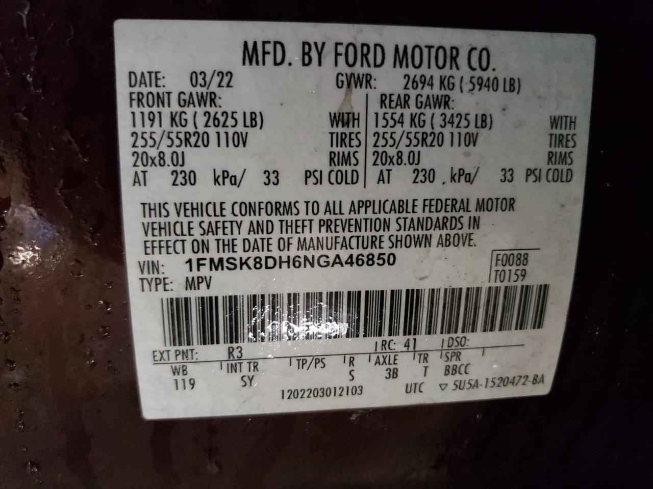 2022 FORD EXPLORER XLT VIN:1FMSK8DH6NGA46850