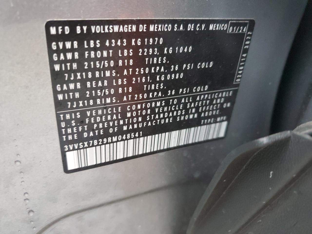 2024 VOLKSWAGEN TAOS SE VIN:3VVSX7B29RM048541