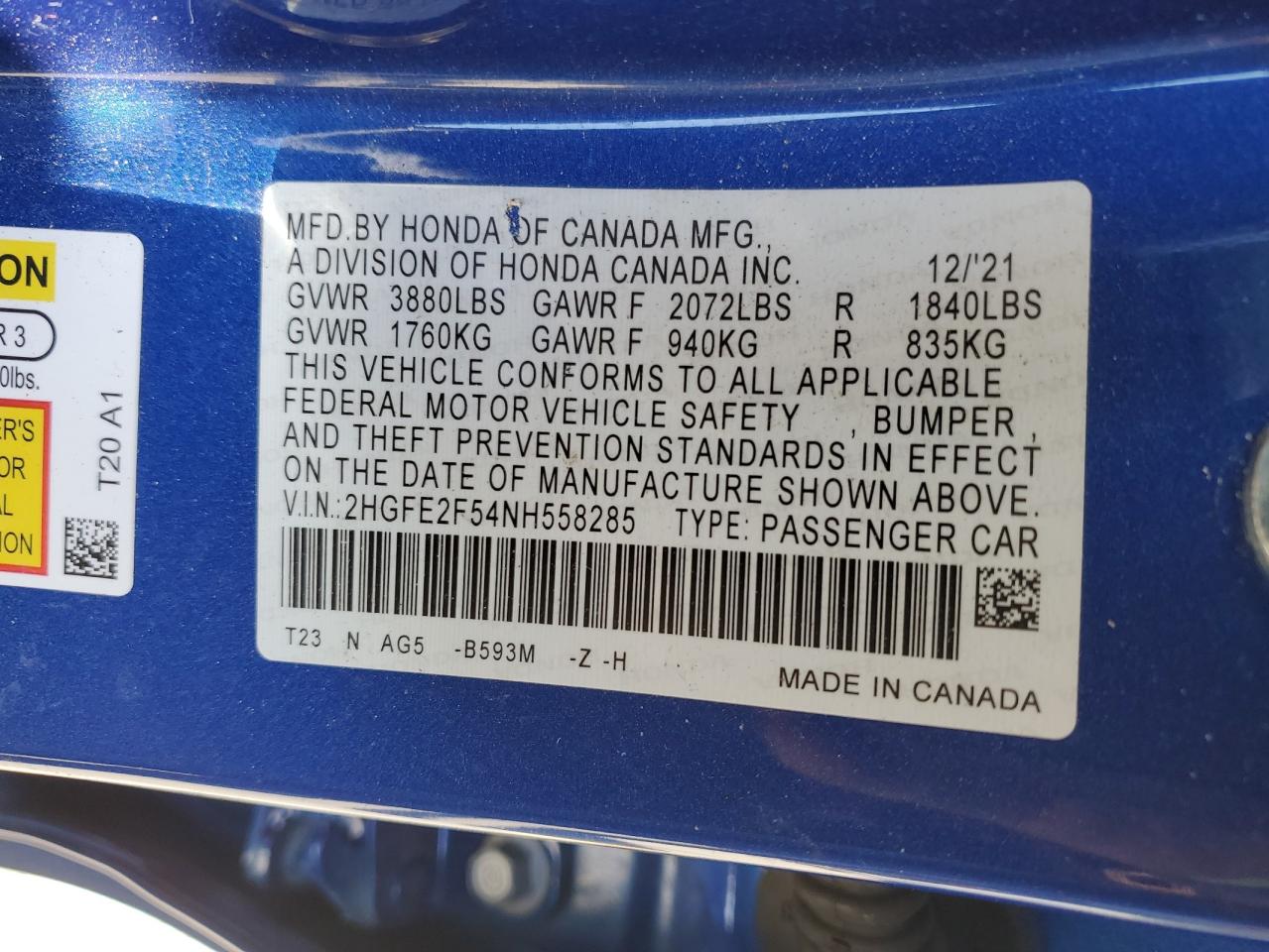 2022 HONDA CIVIC SPORT VIN:2HGFE2F54NH558285