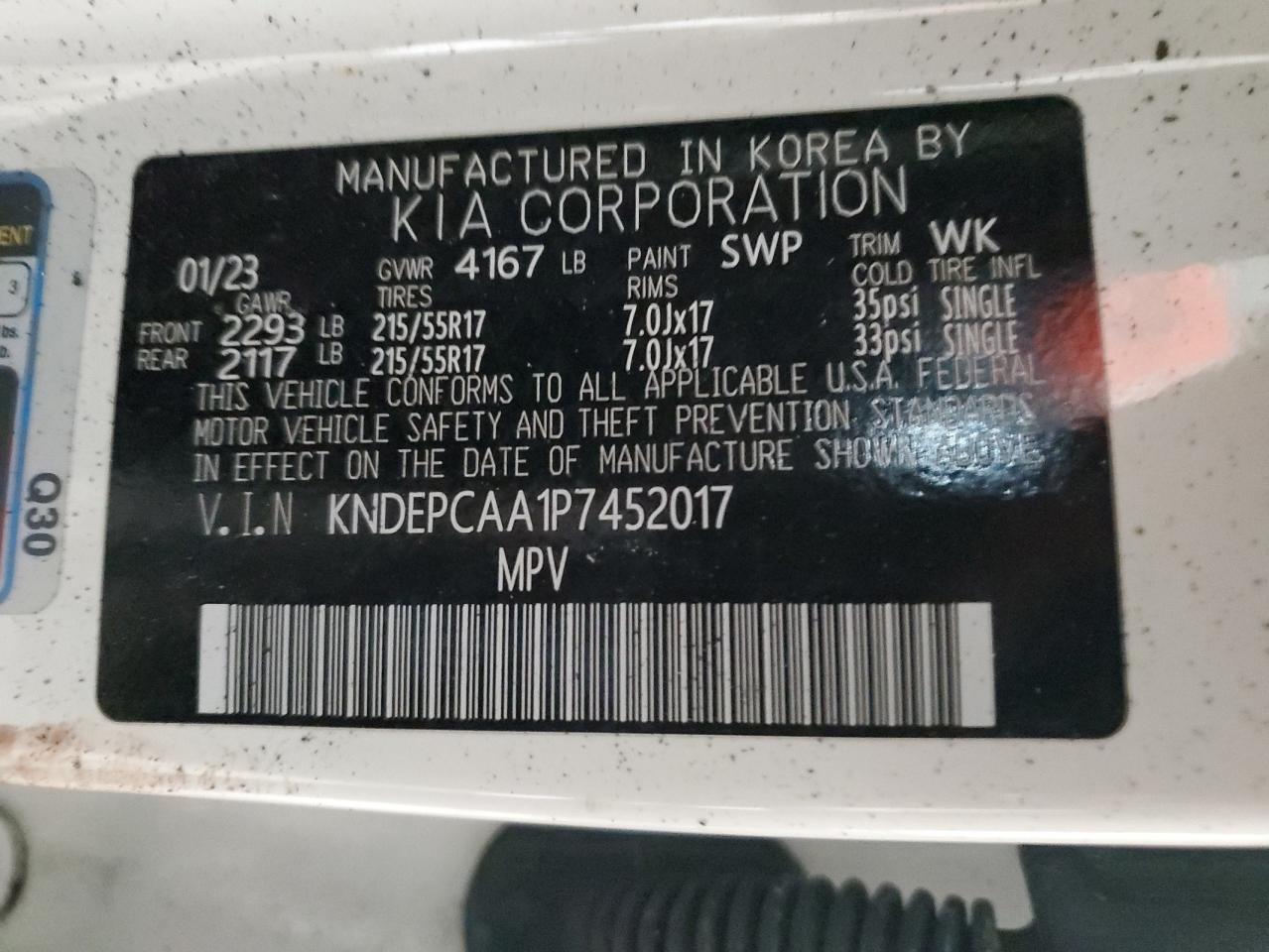2023 KIA SELTOS LX VIN:KNDEPCAA1P7452017