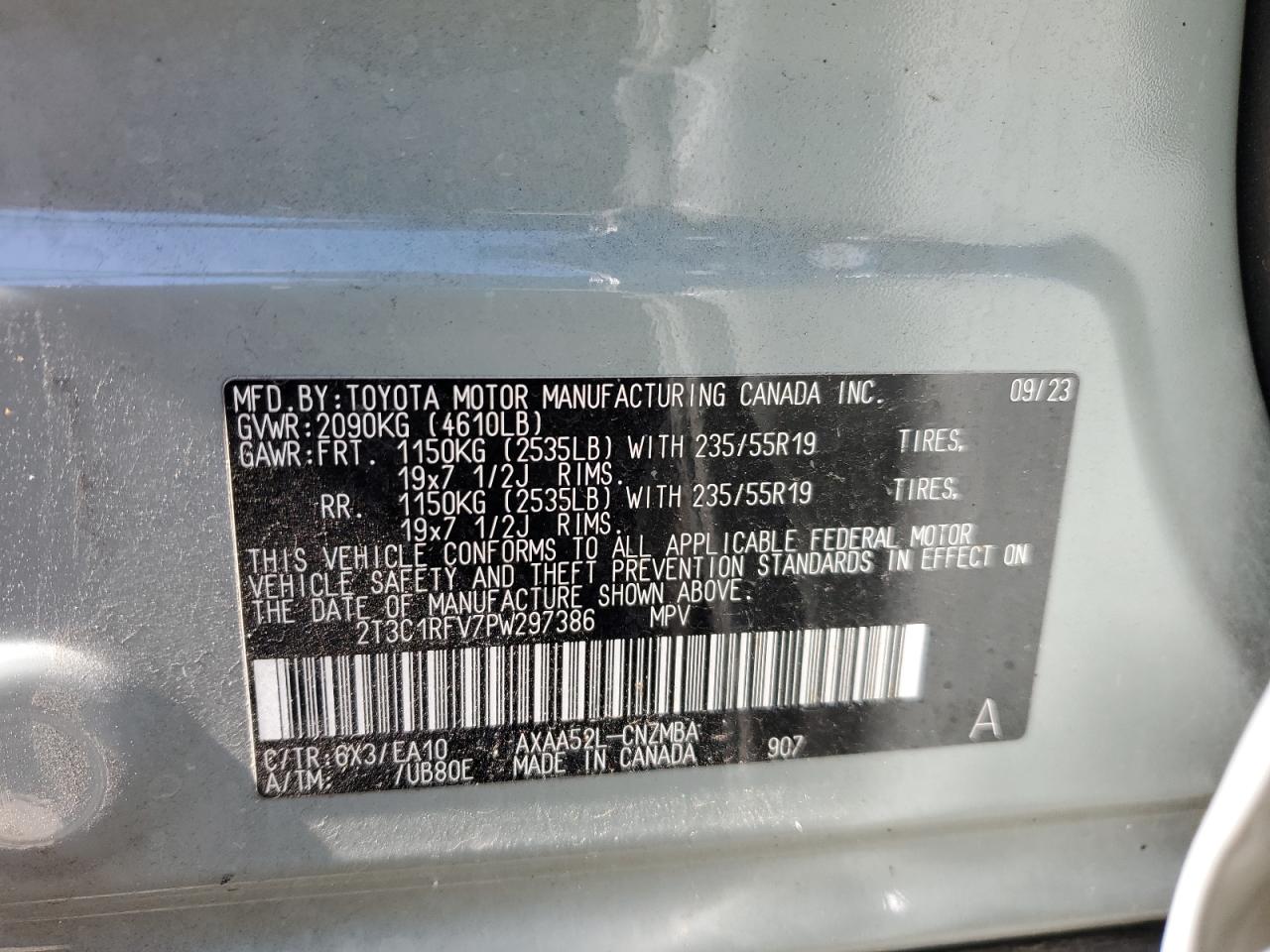 2023 TOYOTA RAV4 XLE PREMIUM VIN:2T3C1RFV7PW297386