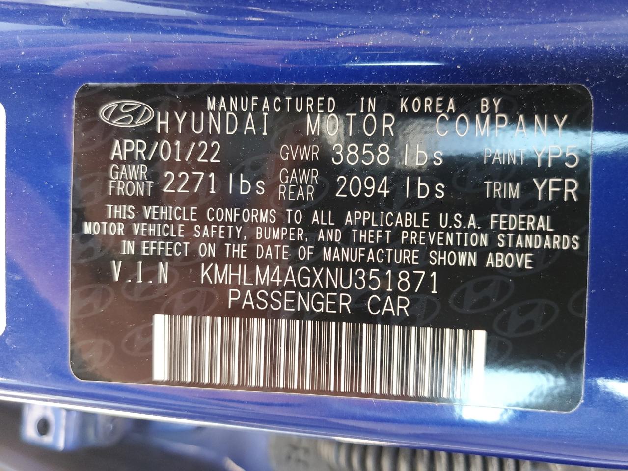 2022 HYUNDAI ELANTRA SEL VIN:KMHLM4AGXNU351871