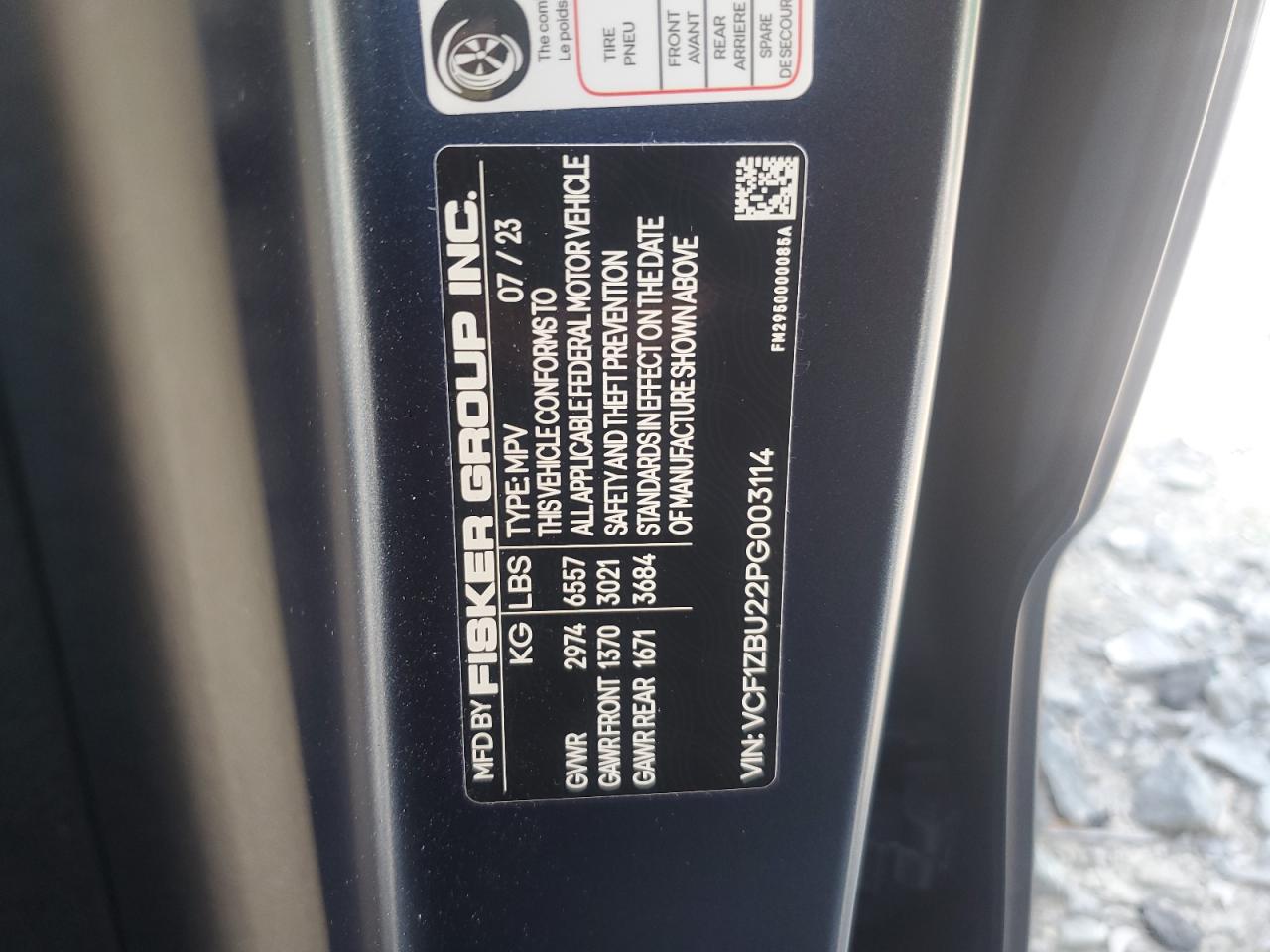 2023 FISKER INC. OCEAN OCEAN ONE VIN:VCF1ZBU22PG003114