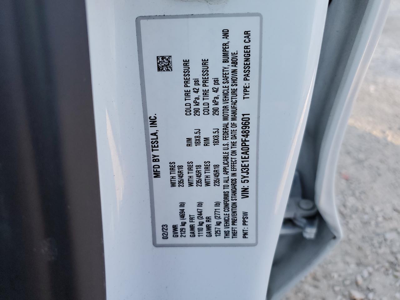 2023 TESLA MODEL 3 VIN:5YJ3E1EA0PF489601