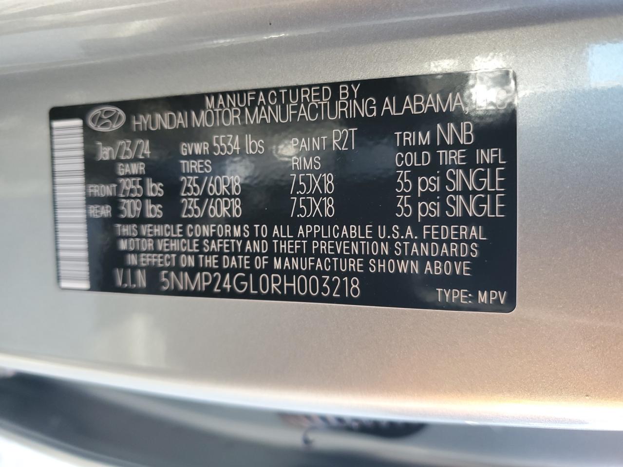 2024 HYUNDAI SANTA FE SEL VIN:5NMP24GL0RH003218