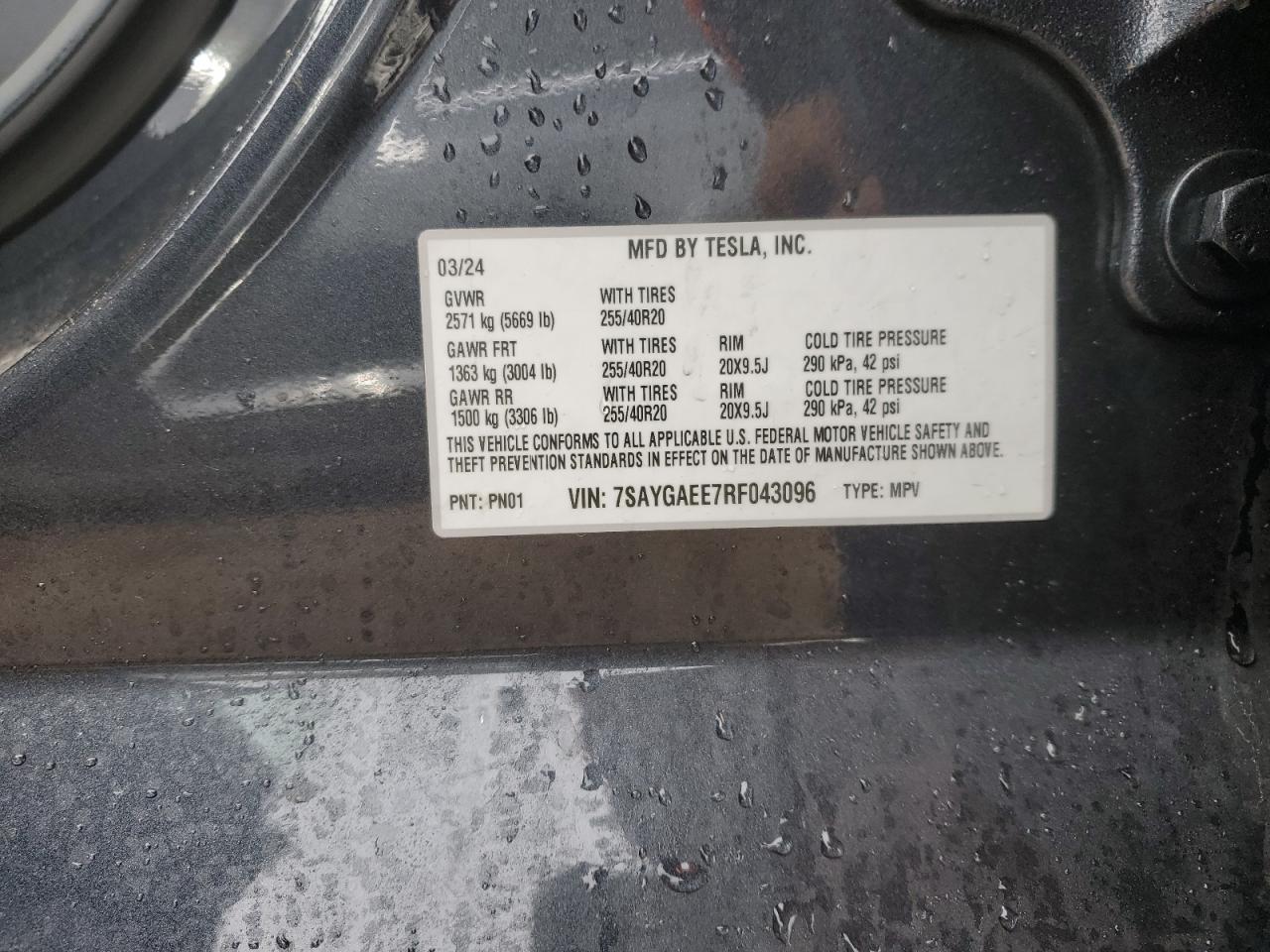 2024 TESLA MODEL Y VIN:7SAYGAEE7RF043096