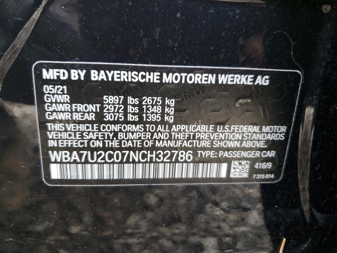 2022 BMW 750 XI VIN:WBA7U2C07NCH32786