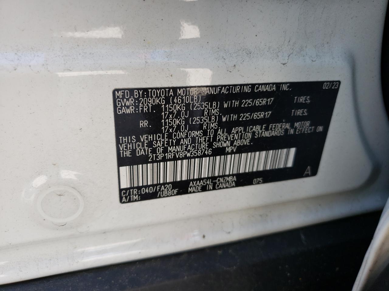 2023 TOYOTA RAV4 XLE VIN:2T3P1RFV8PW358746