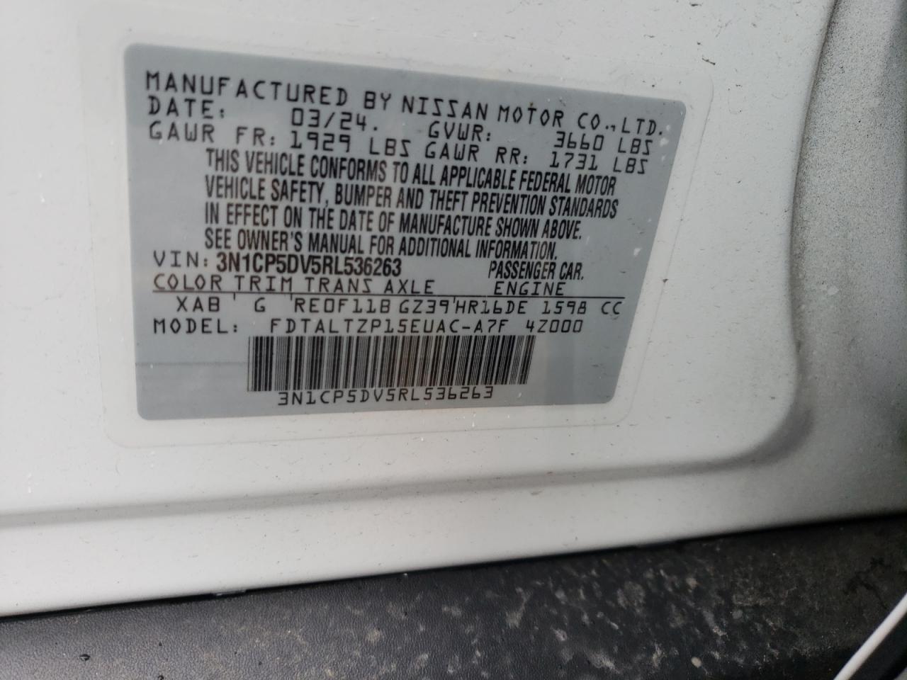 2024 NISSAN KICKS SR VIN:3N1CP5DV5RL536263