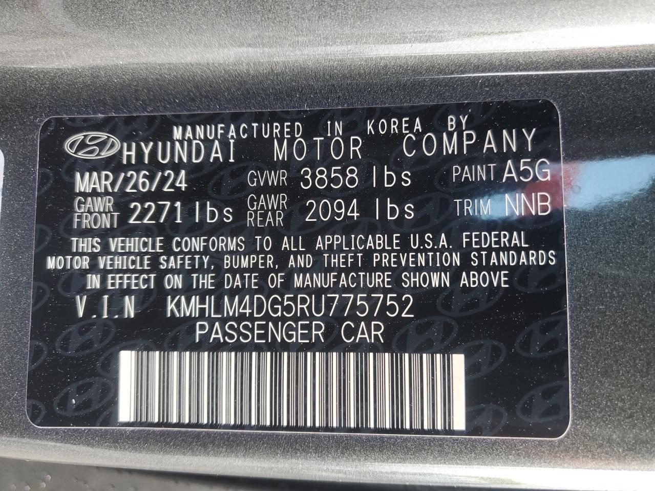 2024 HYUNDAI ELANTRA SEL VIN:KMHLM4DG5RU775752