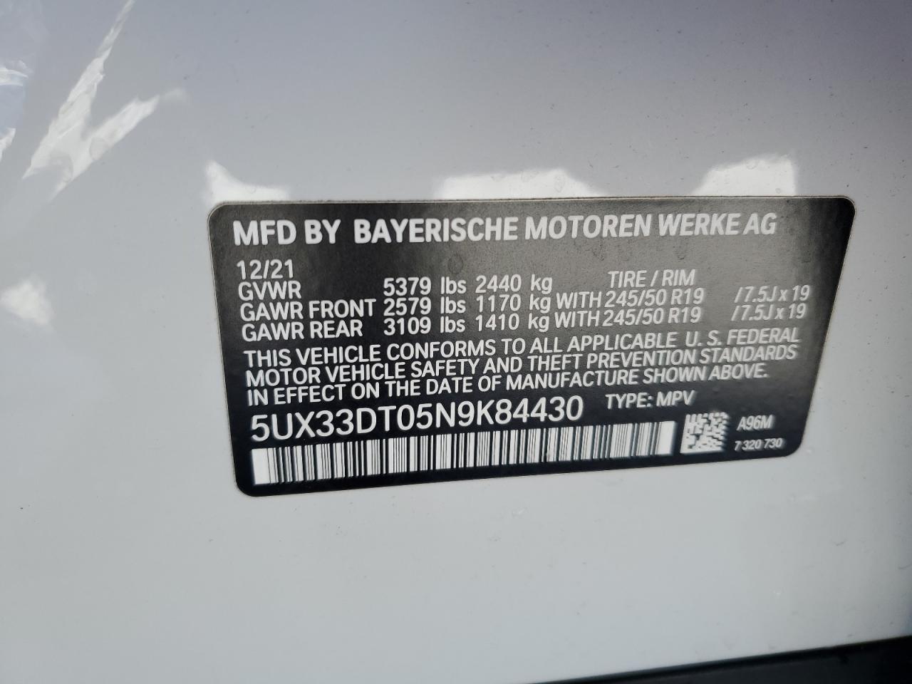 2022 BMW X4 XDRIVE30I VIN:5UX33DT05N9K84430