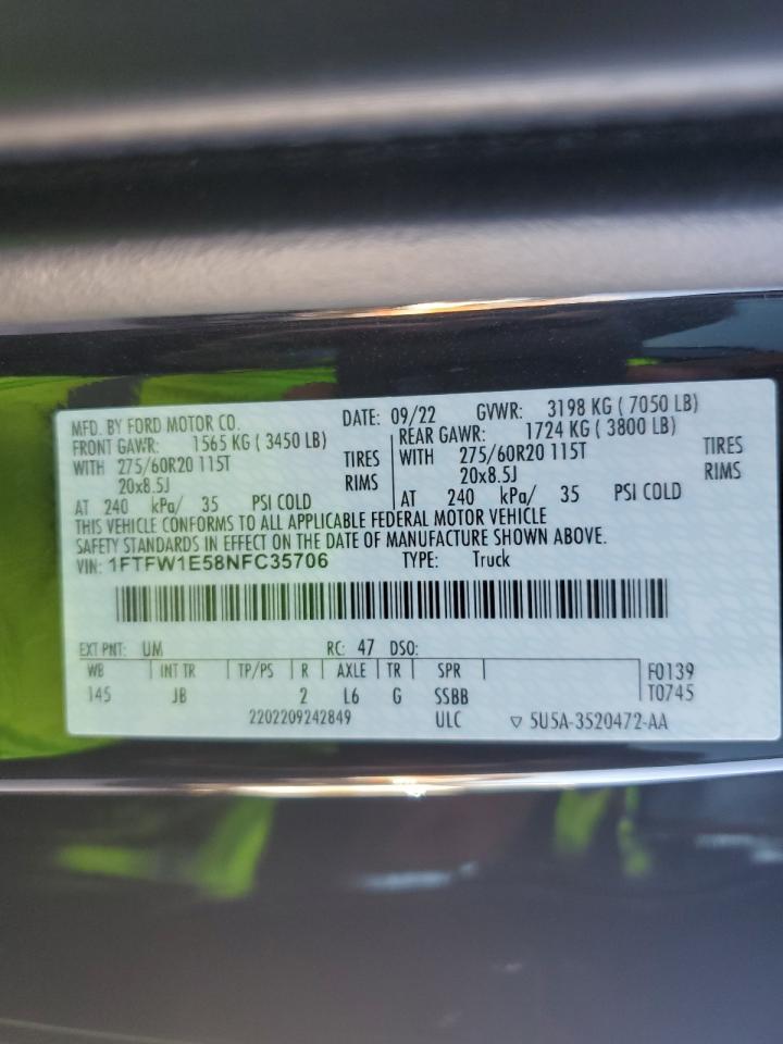 2022 FORD F150 SUPERCREW VIN:1FTFW1E58NFC35706