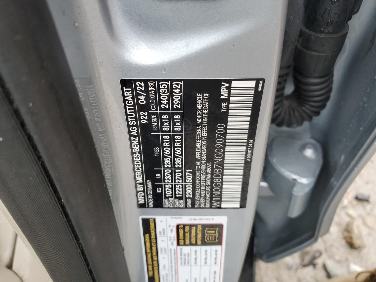 2022 MERCEDES-BENZ GLC 300 VIN:W1N0G8DB7NG090700