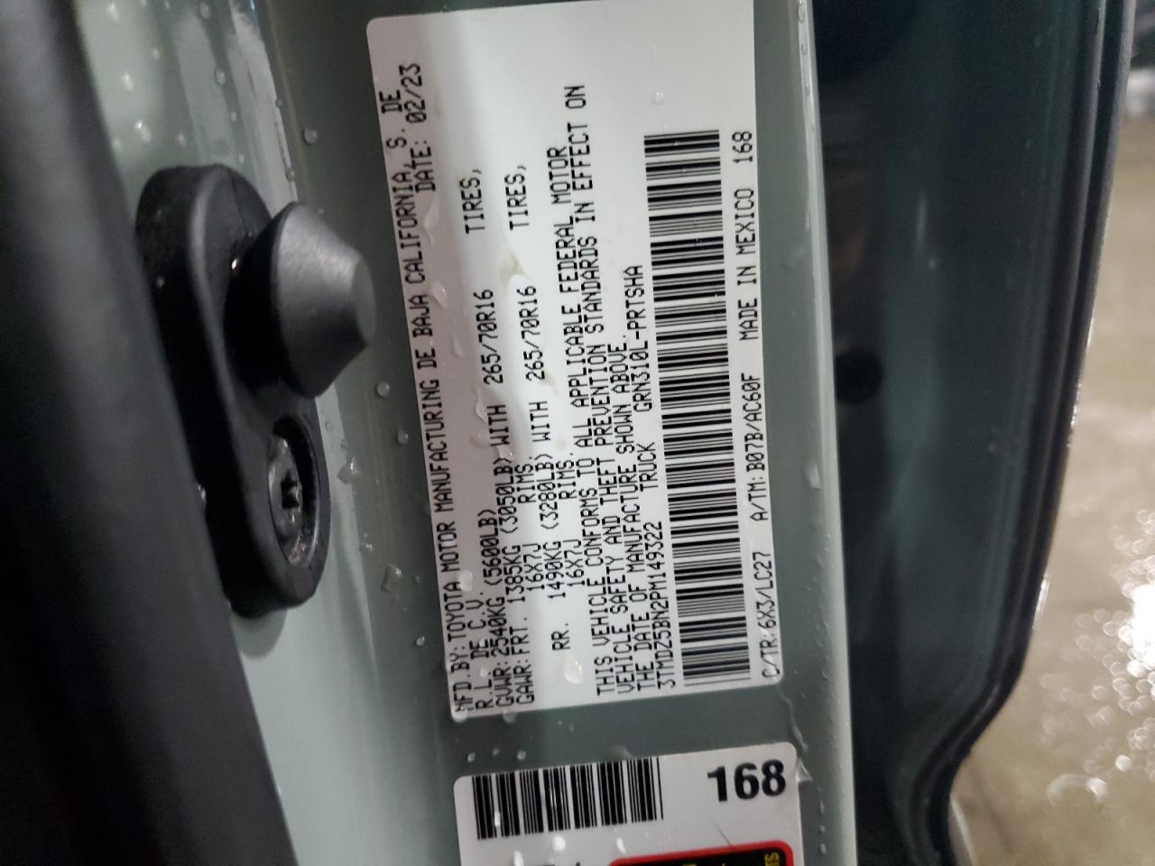 2023 TOYOTA TACOMA DOUBLE CAB VIN:3TMDZ5BN2PM149322