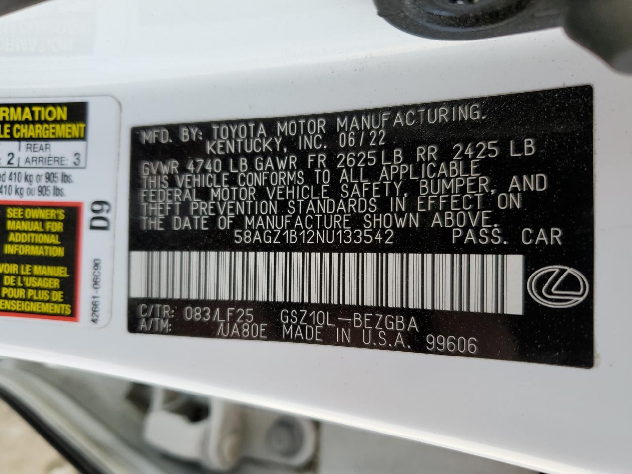 2022 LEXUS ES 350 BASE VIN:58AGZ1B12NU133542