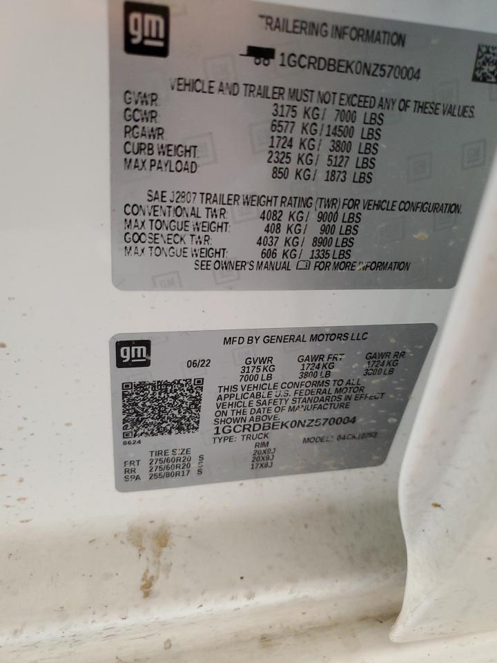 2022 CHEVROLET SILVERADO K1500 CUSTOM VIN:1GCRDBEK0NZ570004