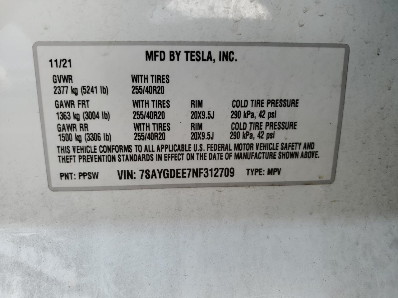 2022 TESLA MODEL Y VIN:7SAYGDEE7NF312709