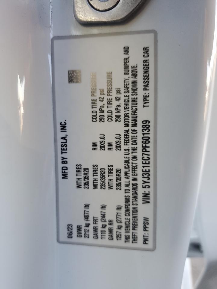 2023 TESLA MODEL 3 VIN:5YJ3E1EC7PF601389