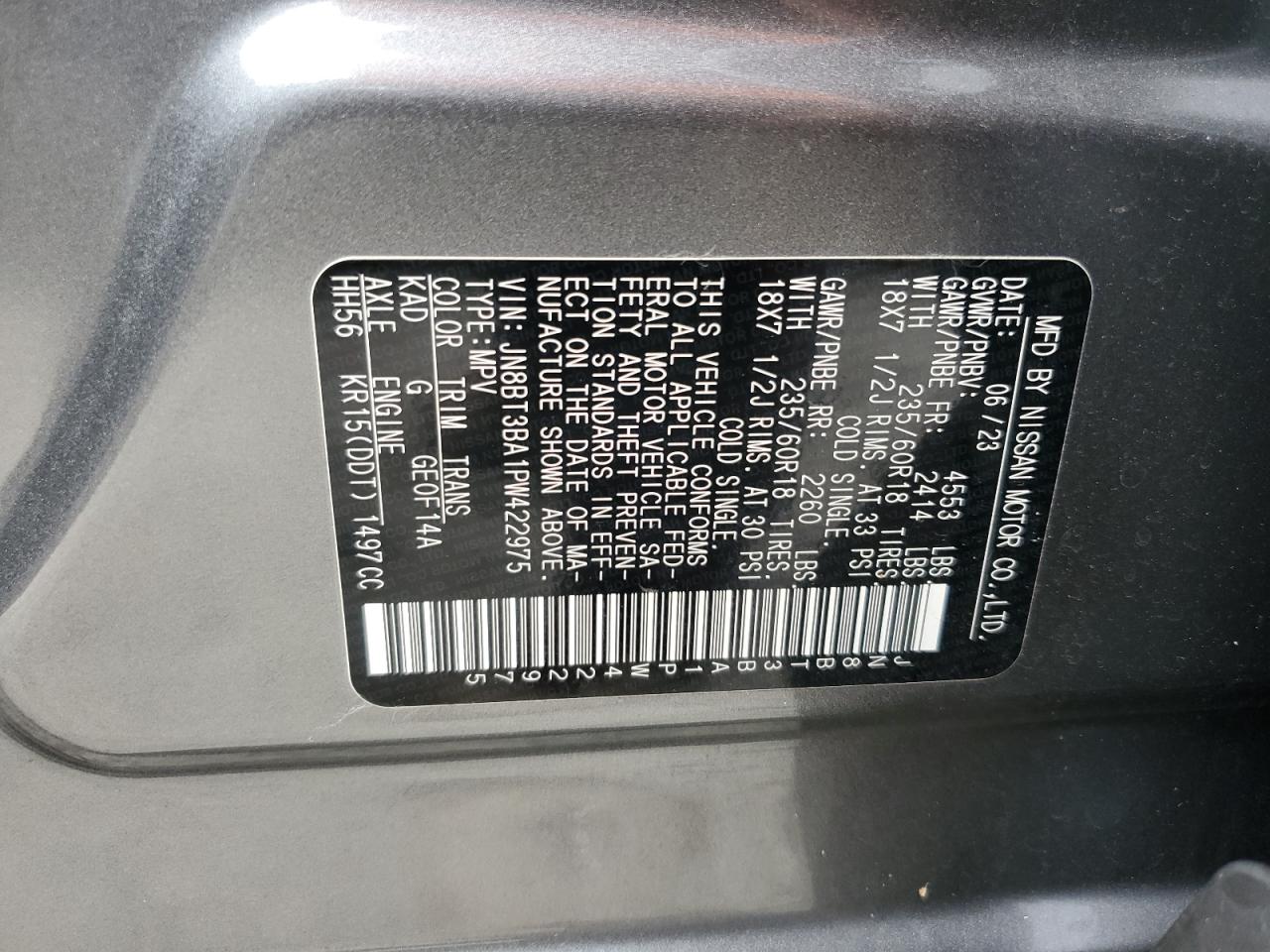 2023 NISSAN ROGUE SV VIN:JN8BT3BA1PW422975