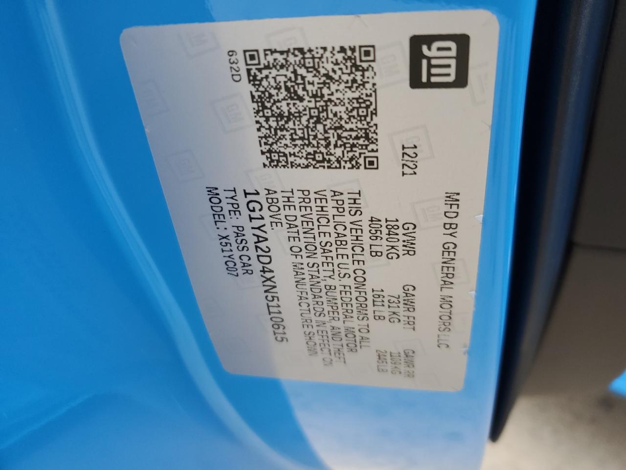 2022 CHEVROLET CORVETTE STINGRAY 1LT VIN:1G1YA2D4XN5110615