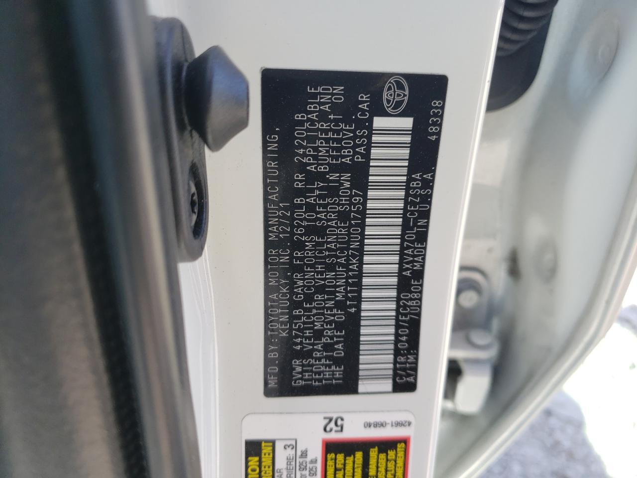 2022 TOYOTA CAMRY SE VIN:4T1T11AK7NU017597