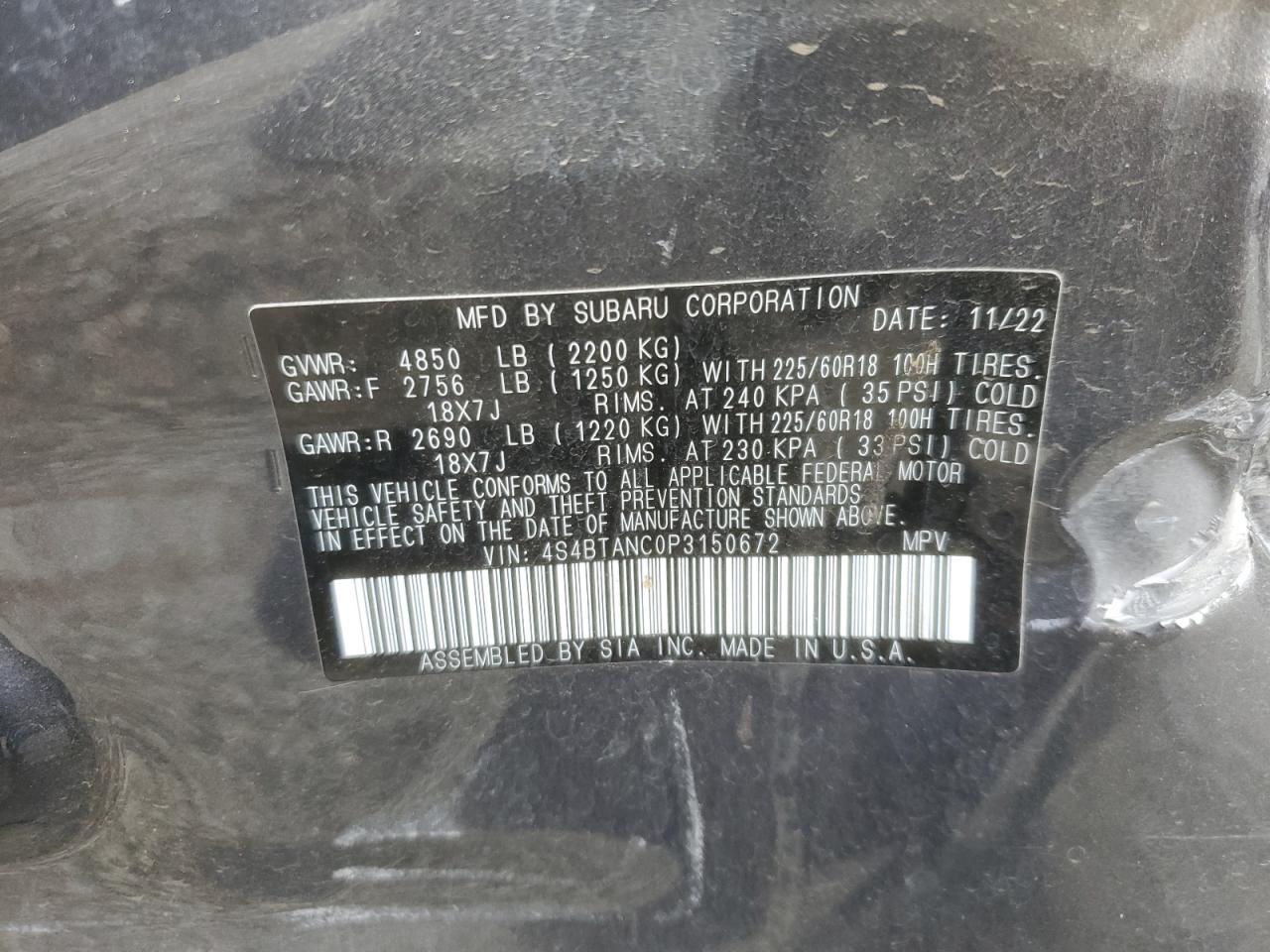 2023 SUBARU OUTBACK LIMITED VIN:4S4BTANC0P3150672