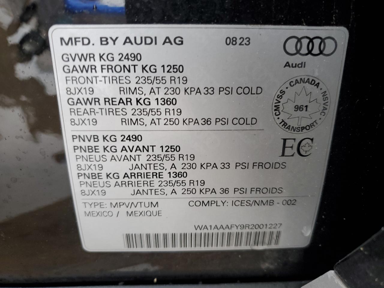 2024 AUDI Q5 KOMFORT 45 VIN:WA1AAAFY9R2001227