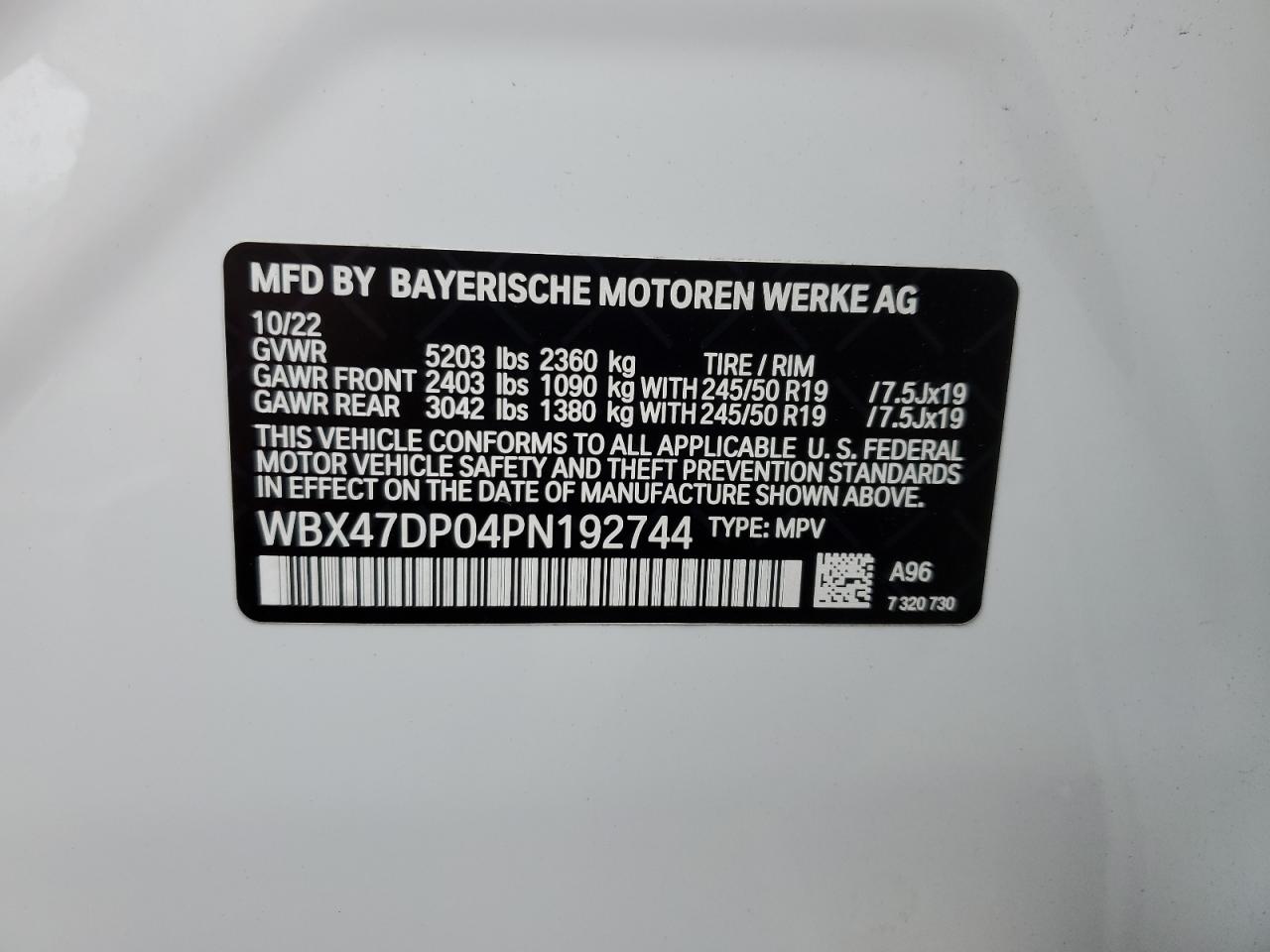 2023 BMW X3 SDRIVE30I VIN:WBX47DP04PN192744