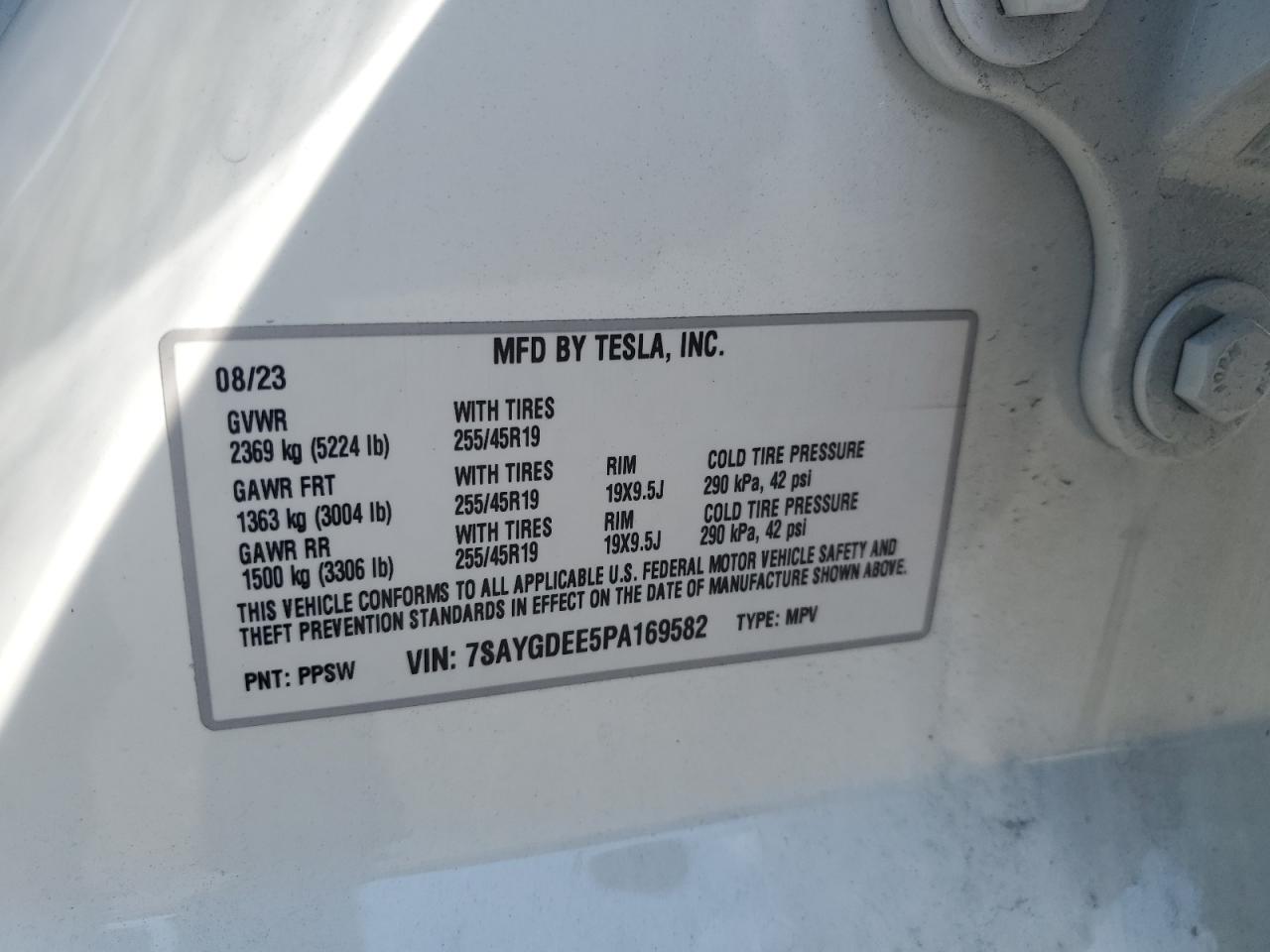 2023 TESLA MODEL Y VIN:7SAYGDEE5PA169582