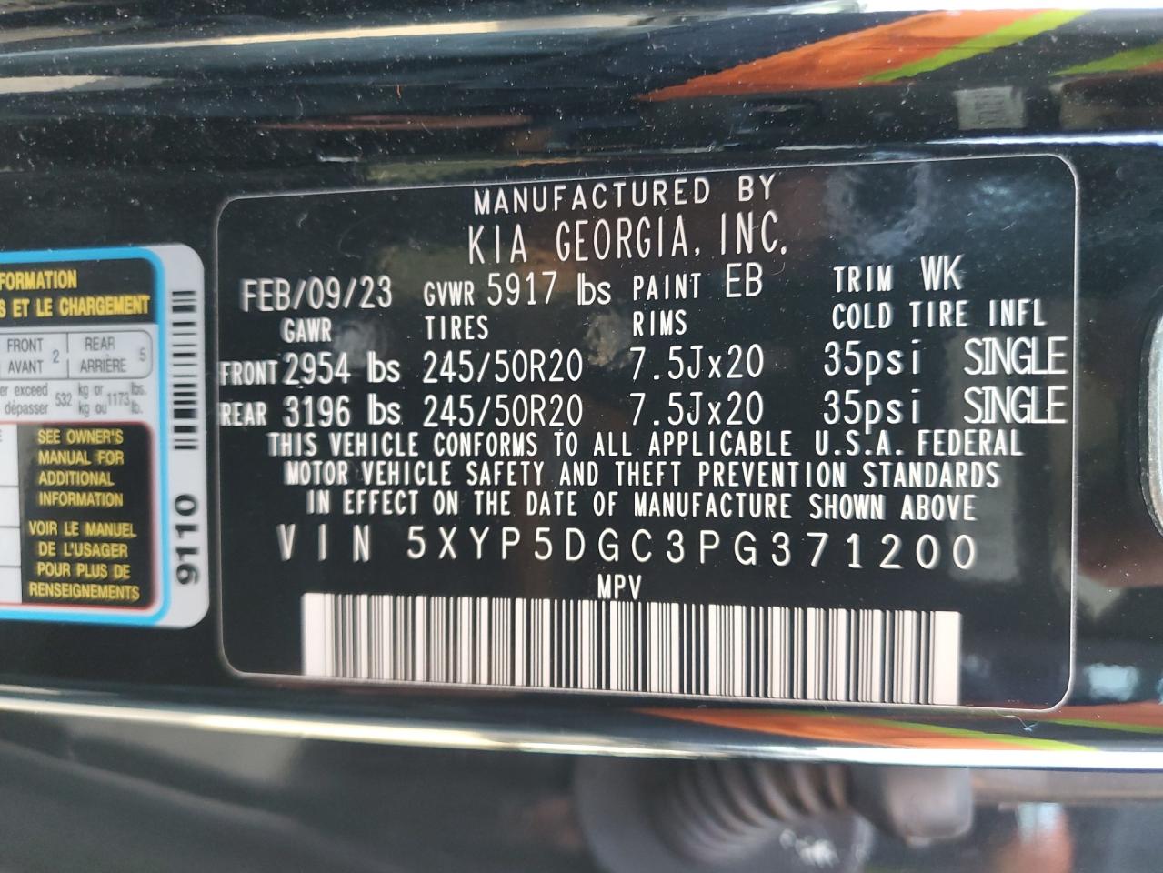 2023 KIA TELLURIDE SX VIN:5XYP5DGC3PG371200