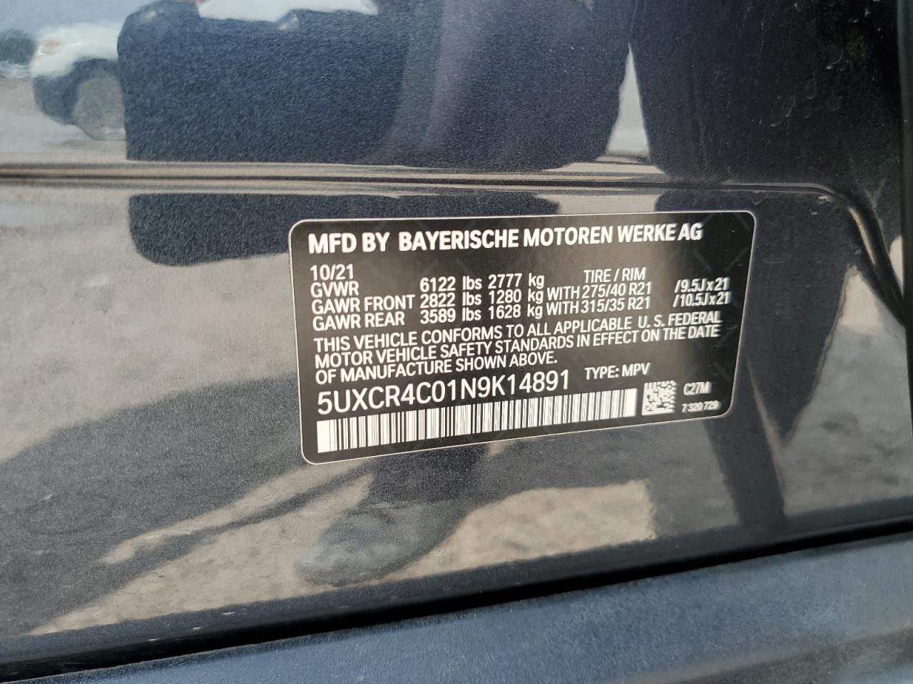 2022 BMW X5 SDRIVE 40I VIN:5UXCR4C01N9K14891