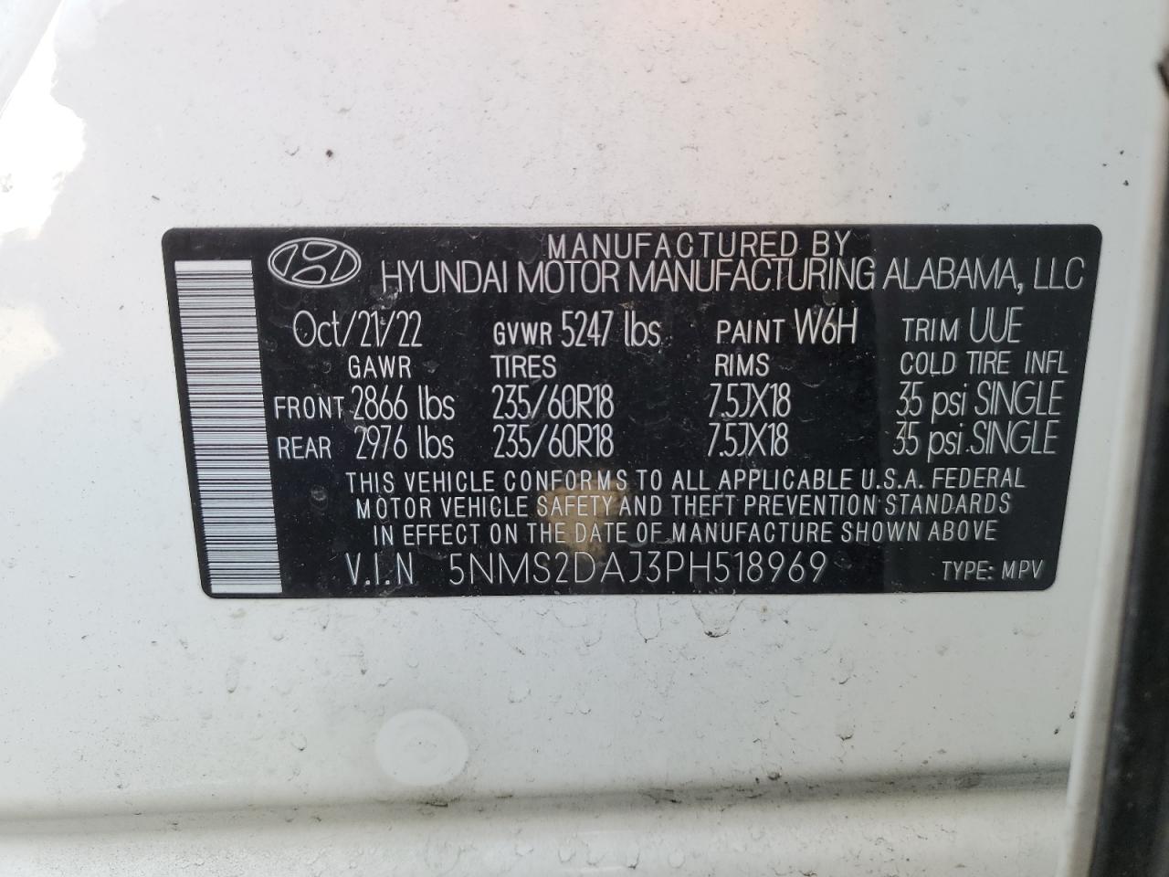 2023 HYUNDAI SANTA FE SEL VIN:5NMS2DAJ3PH518969