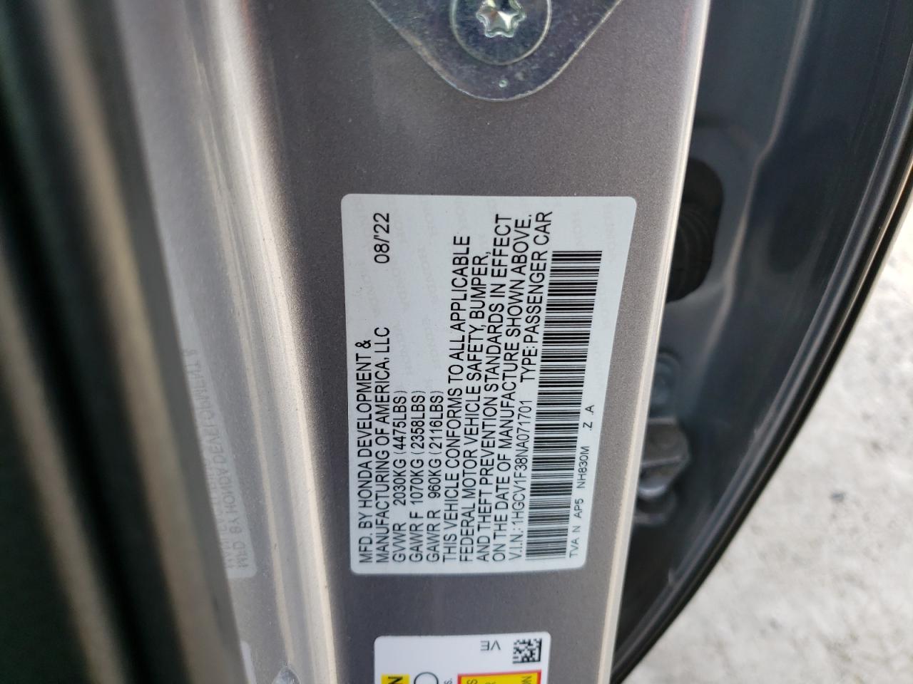 2022 HONDA ACCORD SPORT VIN:1HGCV1F38NA071701