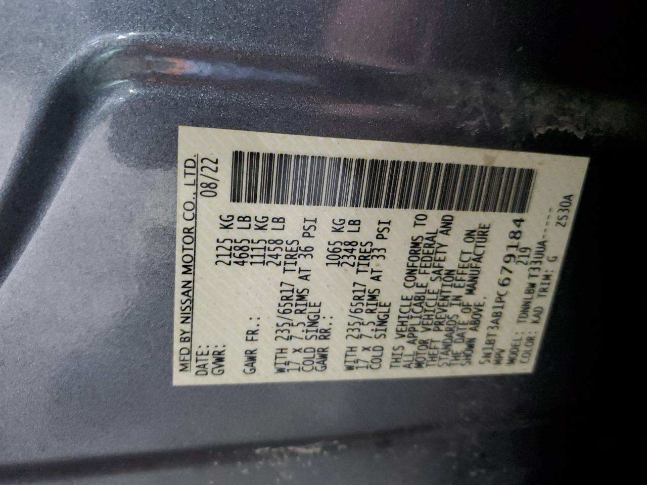 2023 NISSAN ROGUE S VIN:5N1BT3AB1PC679184