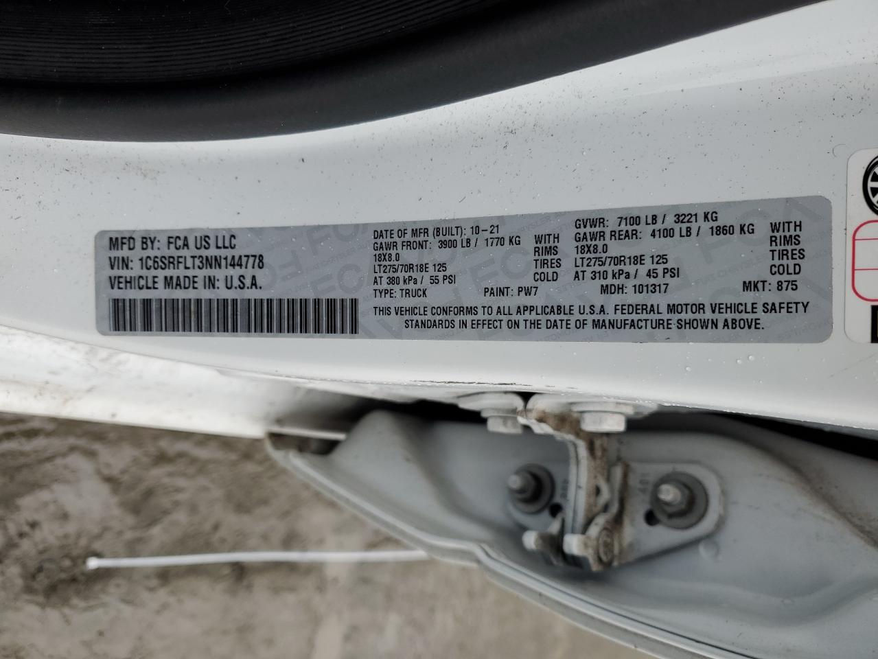 2022 RAM 1500 REBEL VIN:1C6SRFLT3NN144778