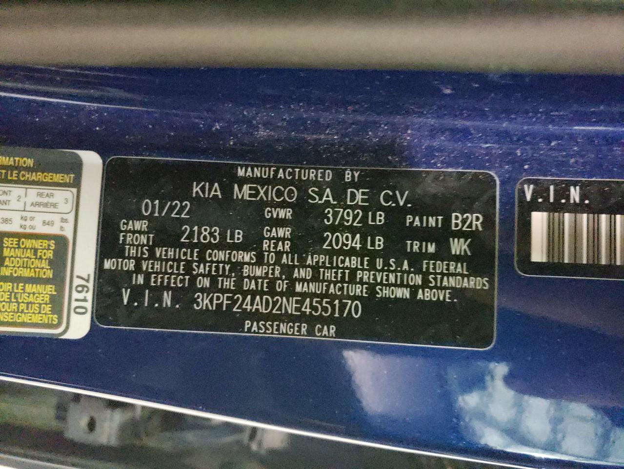 2022 KIA FORTE FE VIN:3KPF24AD2NE455170