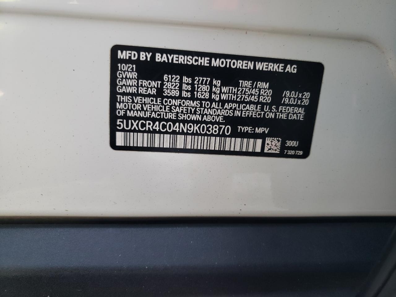 2022 BMW X5 SDRIVE 40I VIN:5UXCR4C04N9K03870