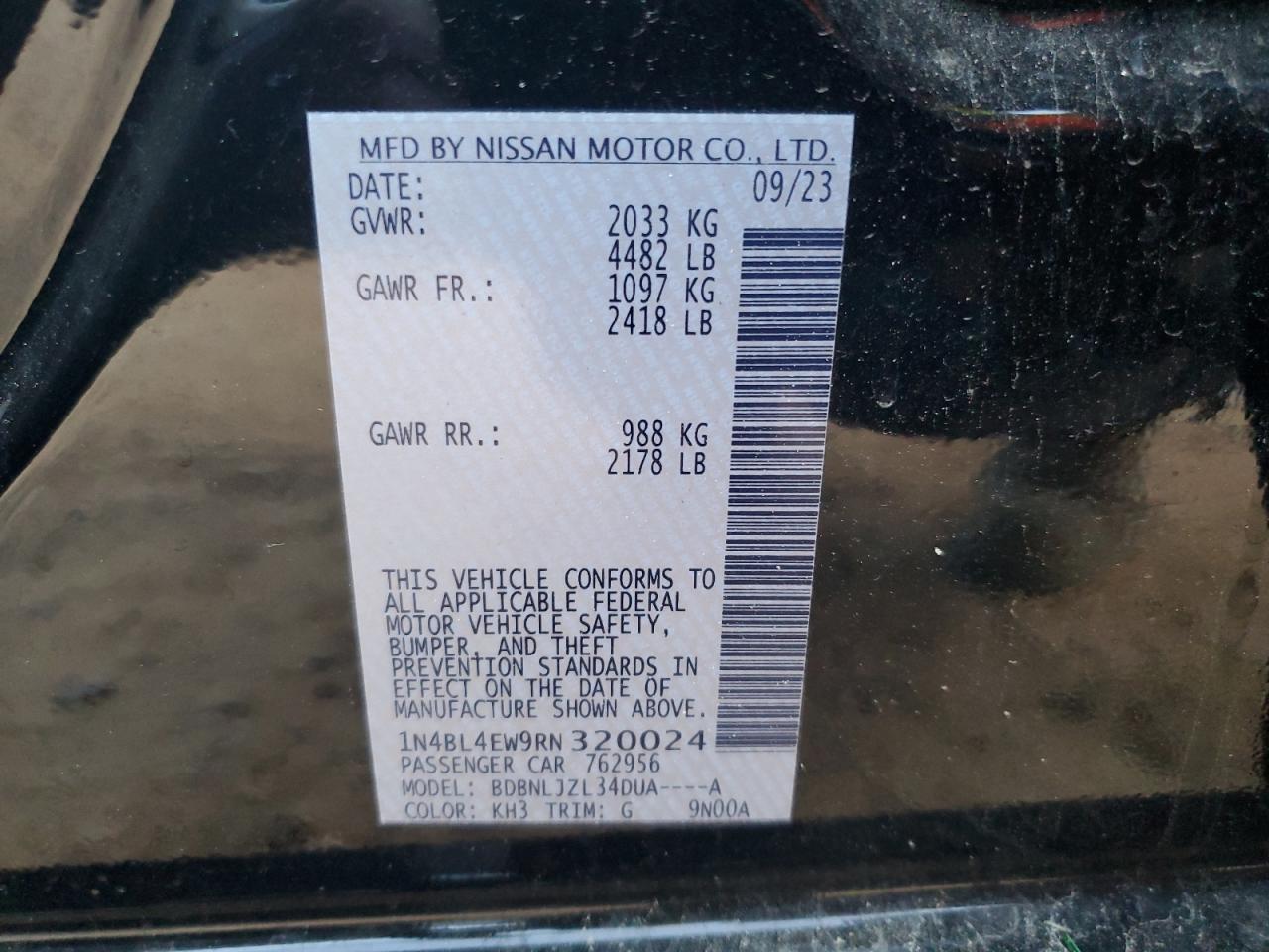 2024 NISSAN ALTIMA SL VIN:1N4BL4EW9RN320024