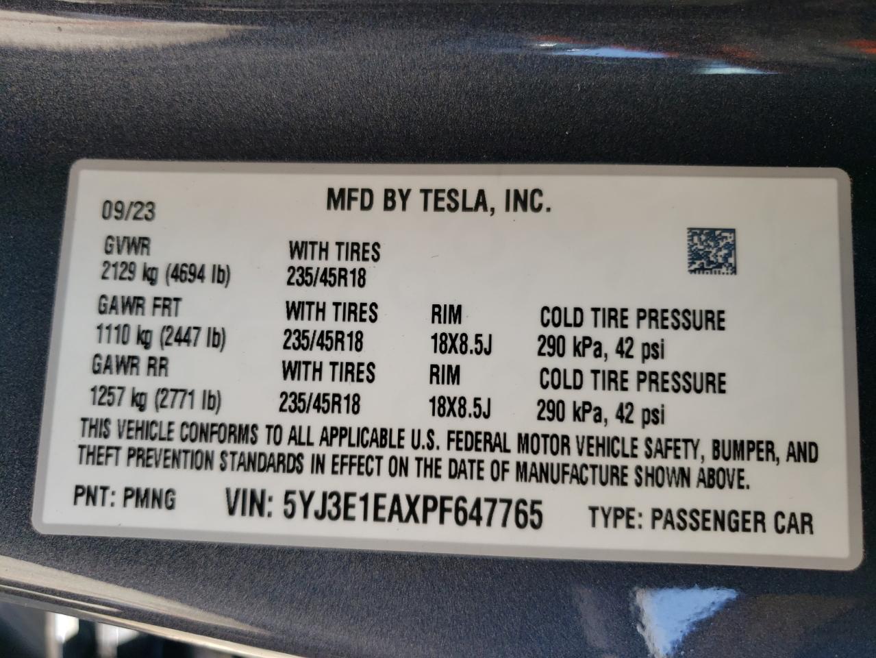 2023 TESLA MODEL 3 VIN:5YJ3E1EAXPF647765