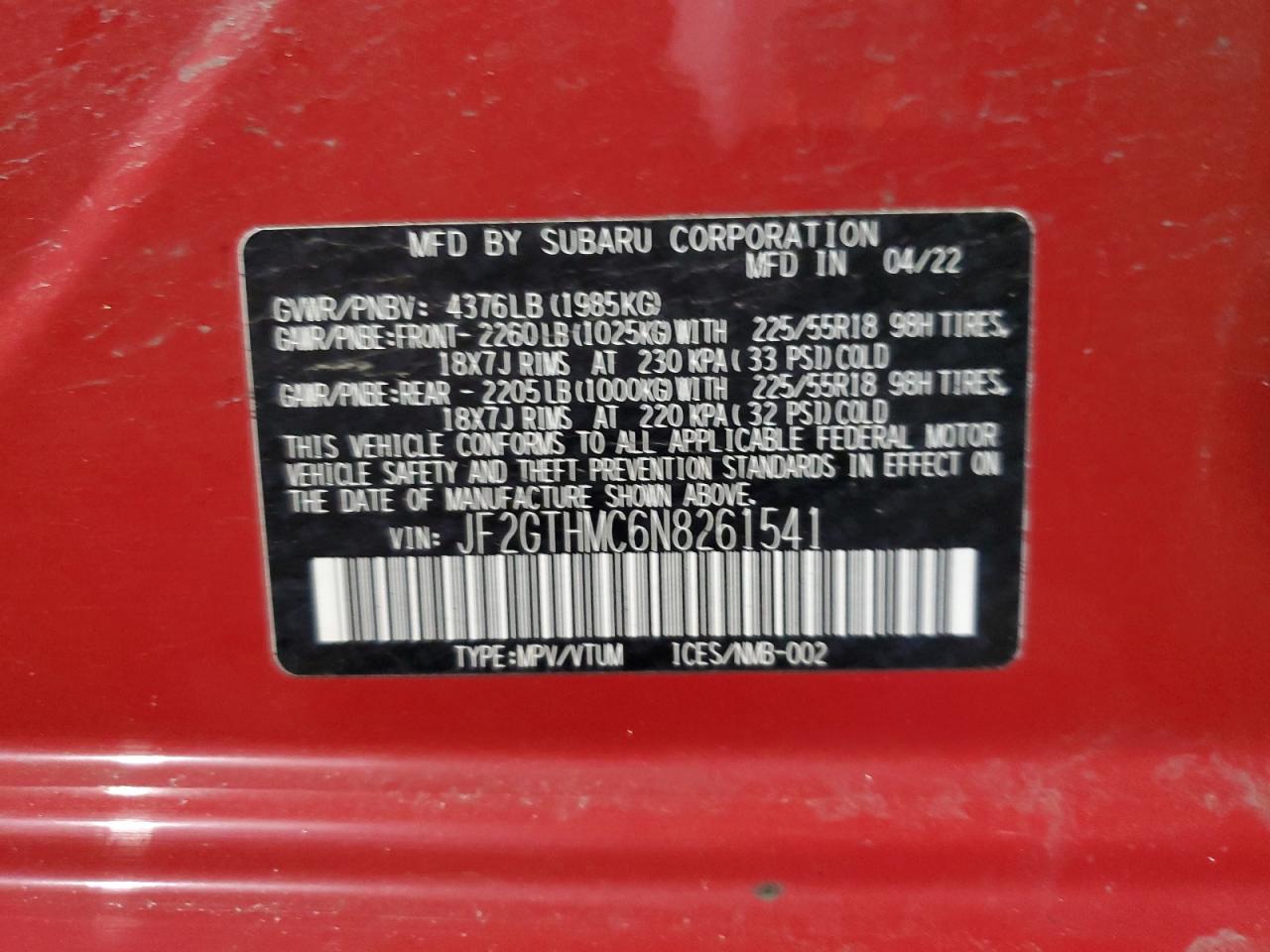 2022 SUBARU CROSSTREK LIMITED VIN:JF2GTHMC6N8261541